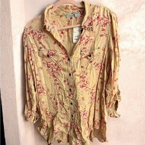 Cato Beige and Red Floral Button-Down Shirt